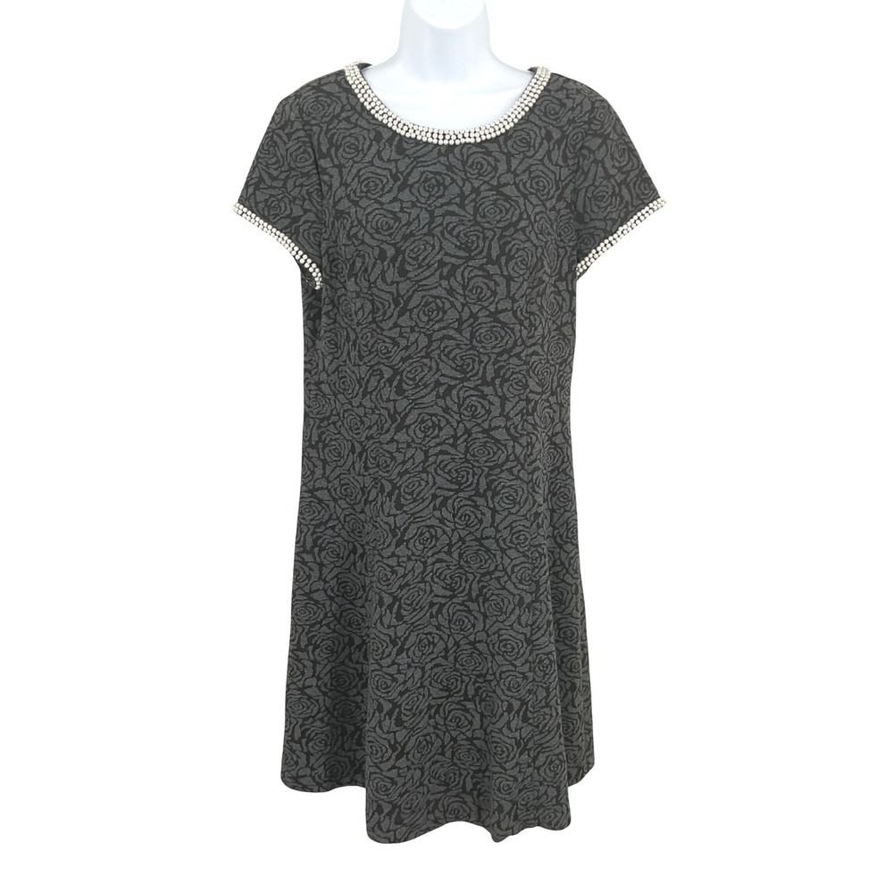 Karl Lagerfeld Sheath Dress Womens 12 Black Cotton Rose Jacquard Pearl Trim Luxe
